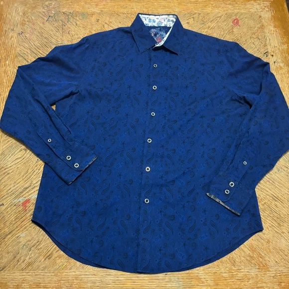Robert Graham Shirt Mens M Blue Paisley Floral All Over Print Jacquard Flip Cuff - Picture 1 of 7